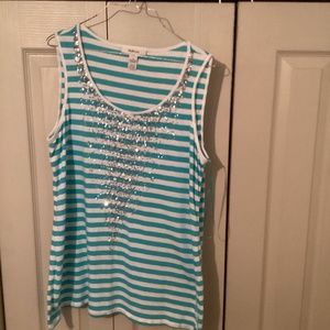 Style & Co Lg sleeveless top striped turquoise white, sequin accent